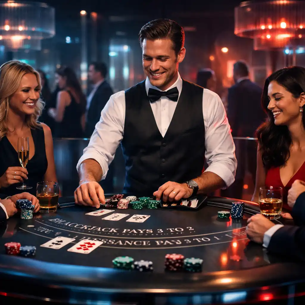 Profesjonalny stół blackjack z krupierem prowadzącym rekreacyjną rozgrywkę podczas eventu