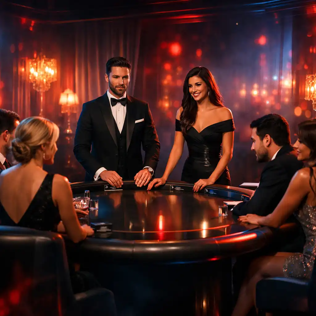 Stylowo zaaranżowane stoły pokerowe i ruletka podczas eleganckiego wieczoru eventowego