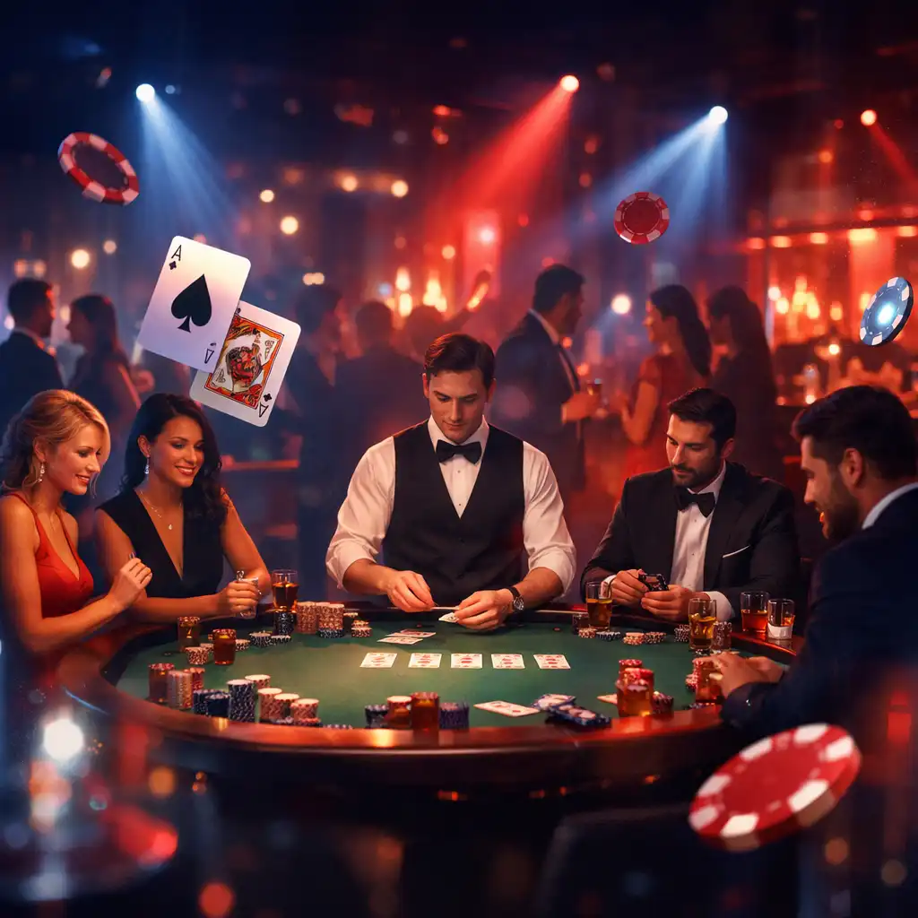 Atmosferyczny prywatny wieczór przy stole pokerowym z gośćmi w eleganckich stylizacjach