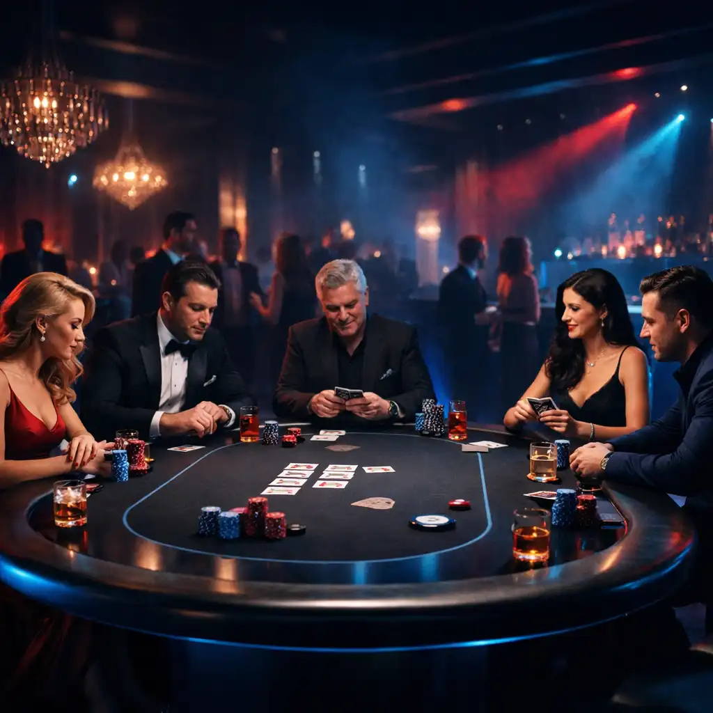 Elegancki wieczór pokerowy offline z profesjonalnie zaaranżowanym stołem i uczestnikami