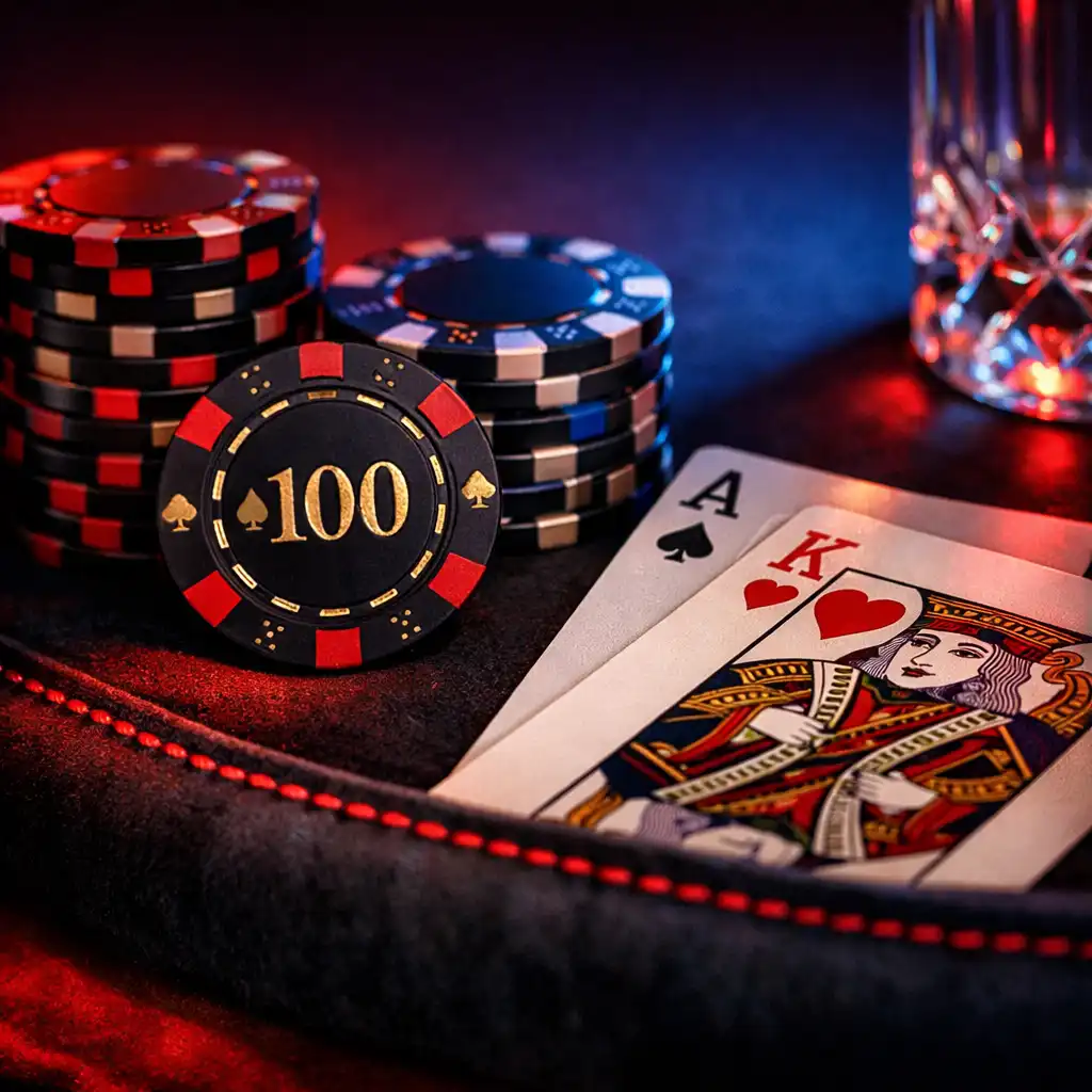 Detale premium stołu pokerowego z żetonami, kartami i elegancką aranżacją