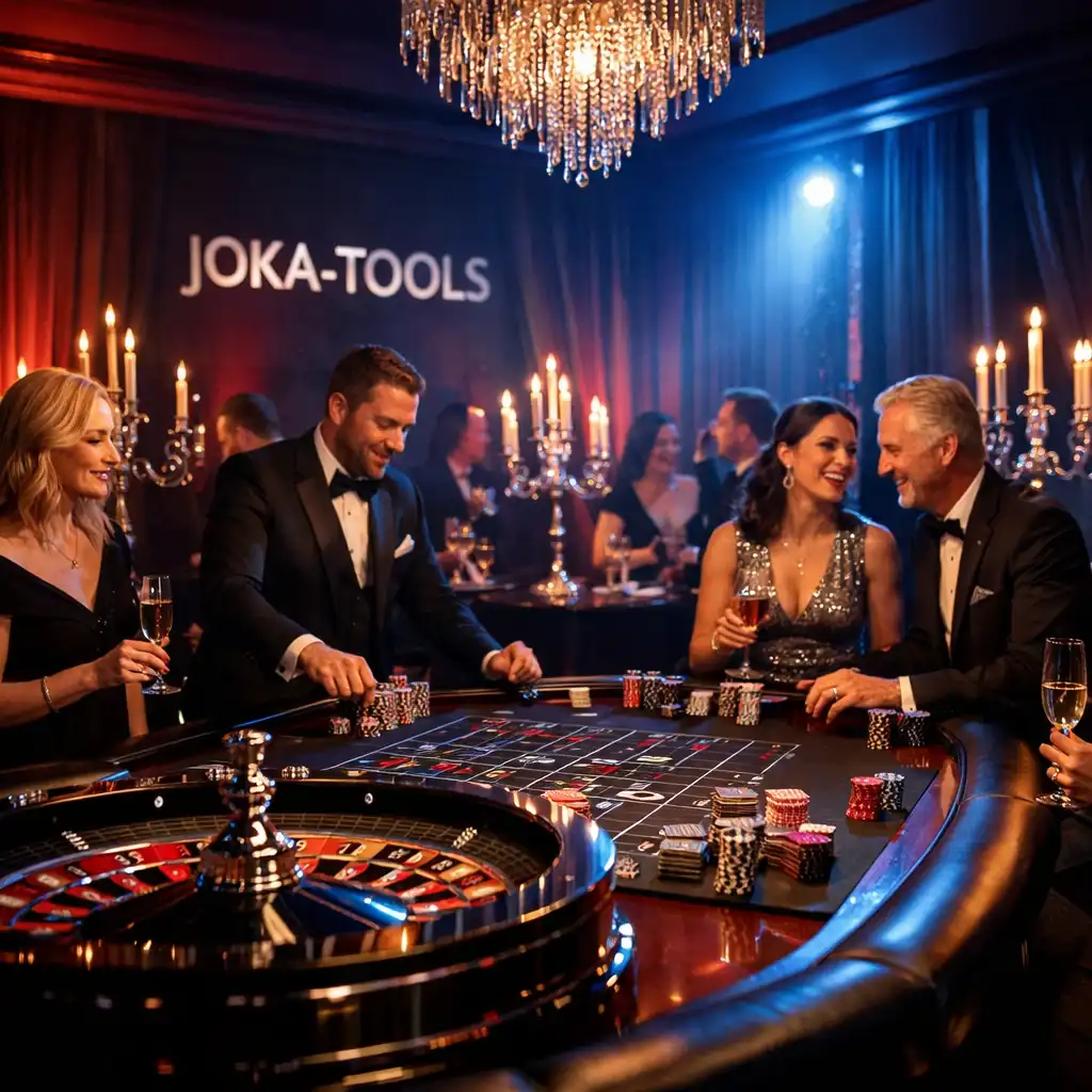 Kolaż inspiracji z prywatnych wydarzeń: poker, ruletka i eleganckie stoły w nocnym oświetleniu