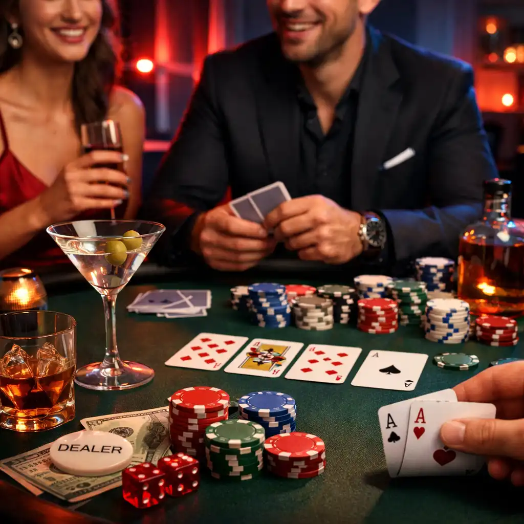 Elegancki stół pokerowy przygotowany na prywatny wieczór w apartamencie