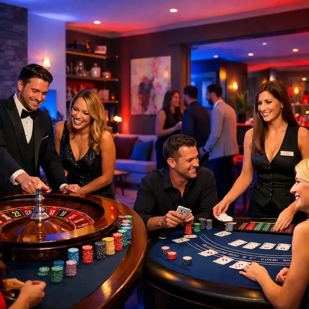 Stół ruletki i blackjacka podczas prywatnej nocy w stylu Las Vegas