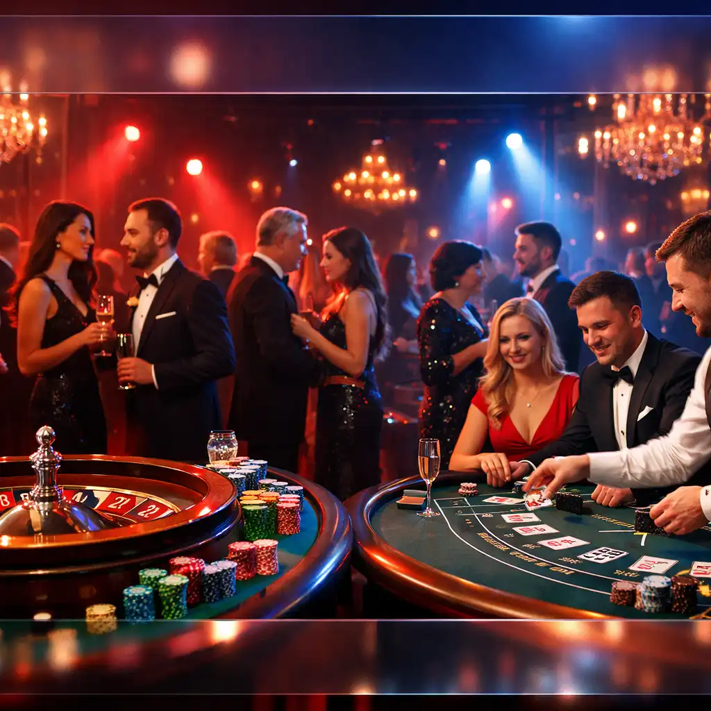 Panoramiczne nocne ujęcie stołów ruletki i blackjacka w eleganckiej, eventowej aranżacji
